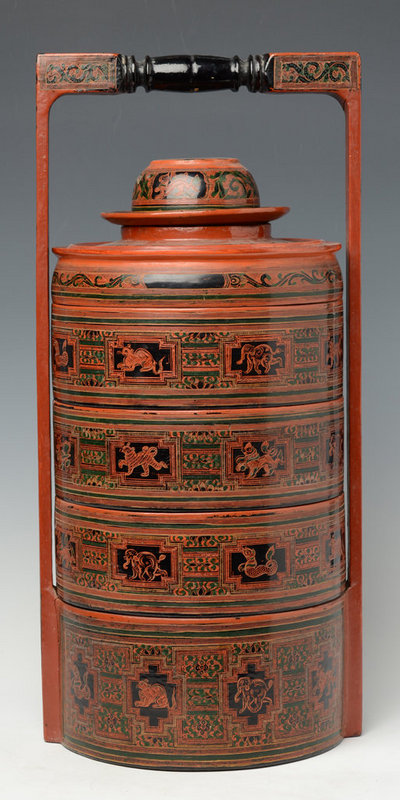 20th Century, Burmese Lacquered Food Container with Design