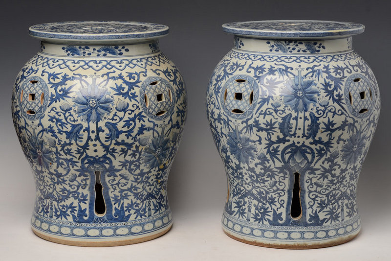 A Pair of Porcelain Garden Stools with Flower Design