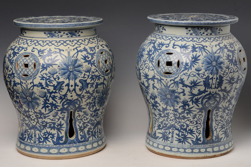 A Pair of Porcelain Garden Stools with Flower Design