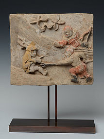 Song Dynasty, Chinese Painted Pottery Panel with Figures Design