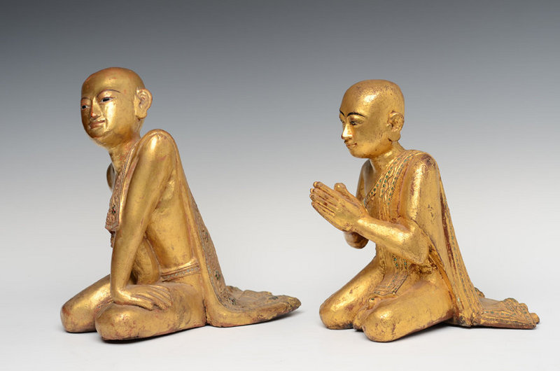 19th C., A Pair of Burmese Wooden Seated Disciples