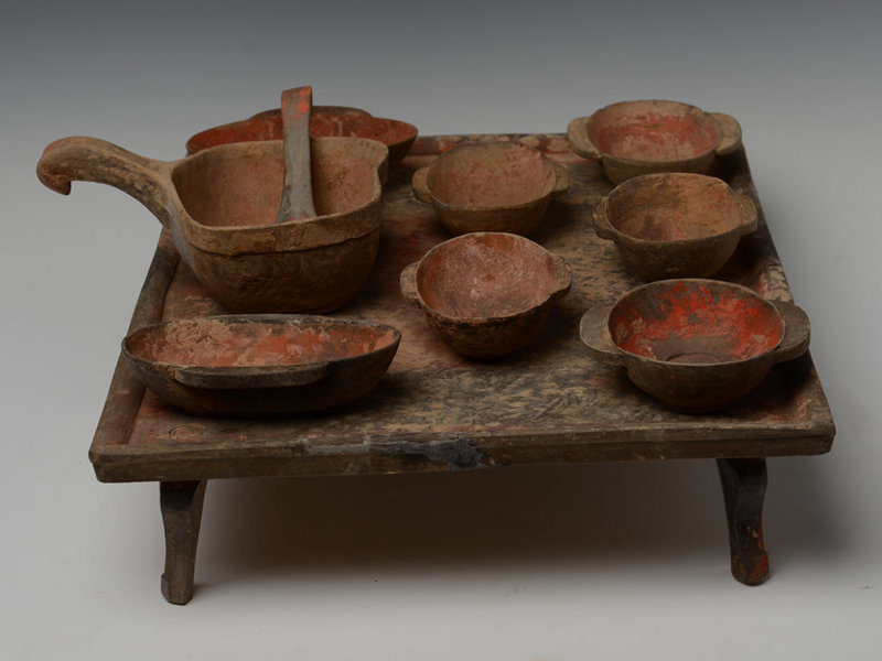 Han Dynasty, A Set of Chinese Pottery Table with Wing Cups and Spoon