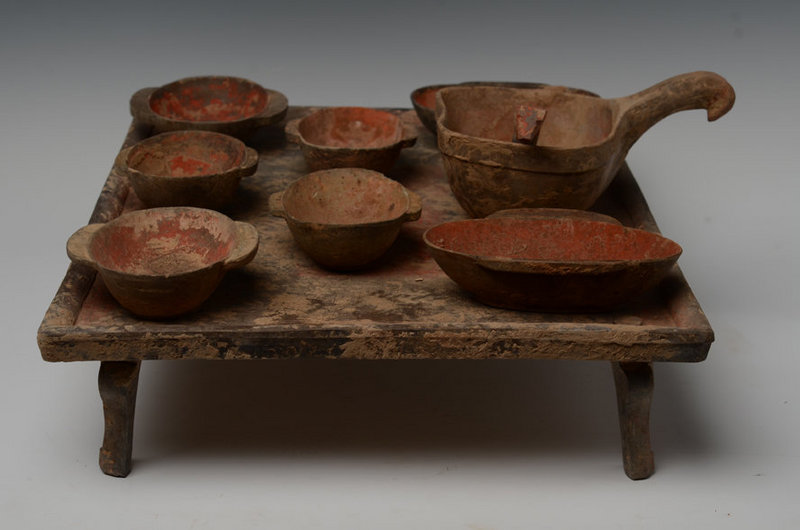 Han Dynasty, A Set of Chinese Pottery Table with Wing Cups and Spoon