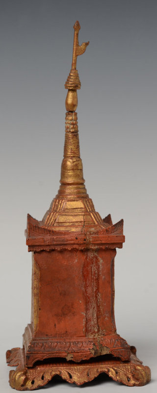 19th C., Burmese Wooden Shrine with Standing Disciple