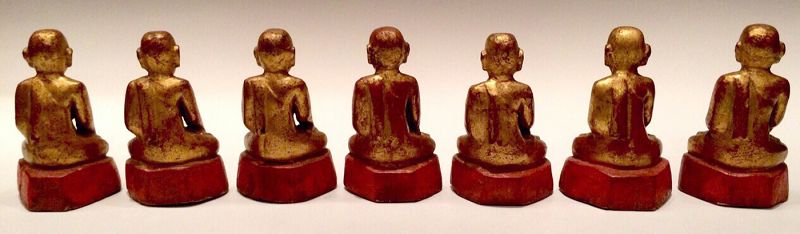 19th Century, Mandalay, A Set of Burmese Wooden Seated Disciples