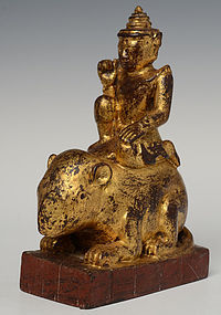 19th Century, Mandalay, Burmese Wooden Angel Riding Mouse