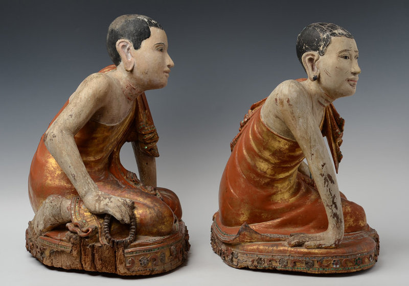 Early 19th Century, A Pair of Burmese Wooden Seated Disciples