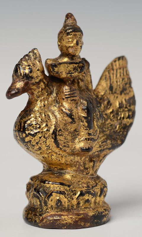 19th Century, Mandalay, Burmese Wooden Angel Riding Peacock