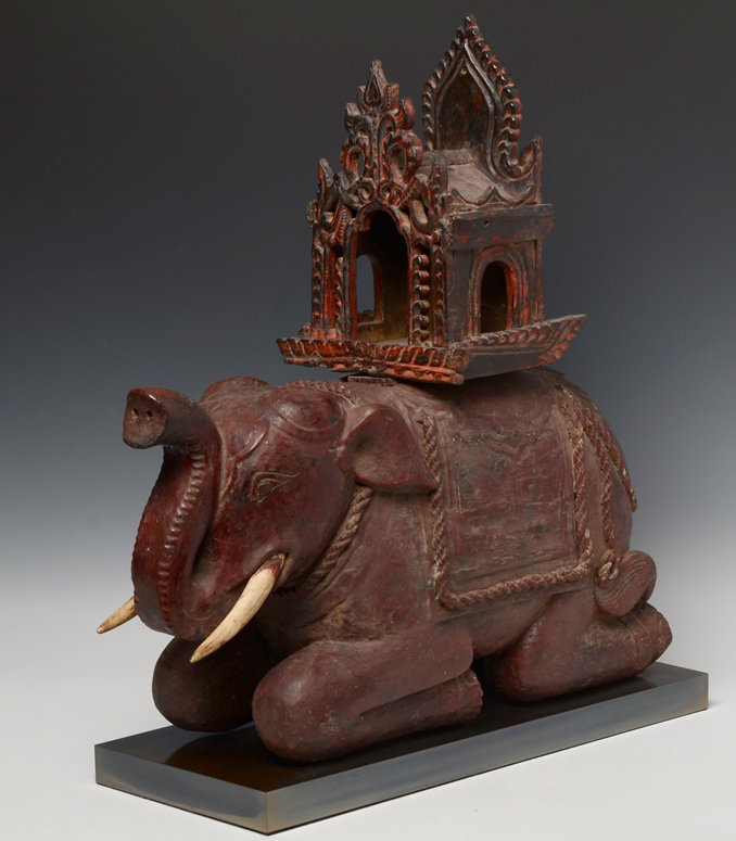 19th C., Burmese Wooden Elephant with The Chair on Top