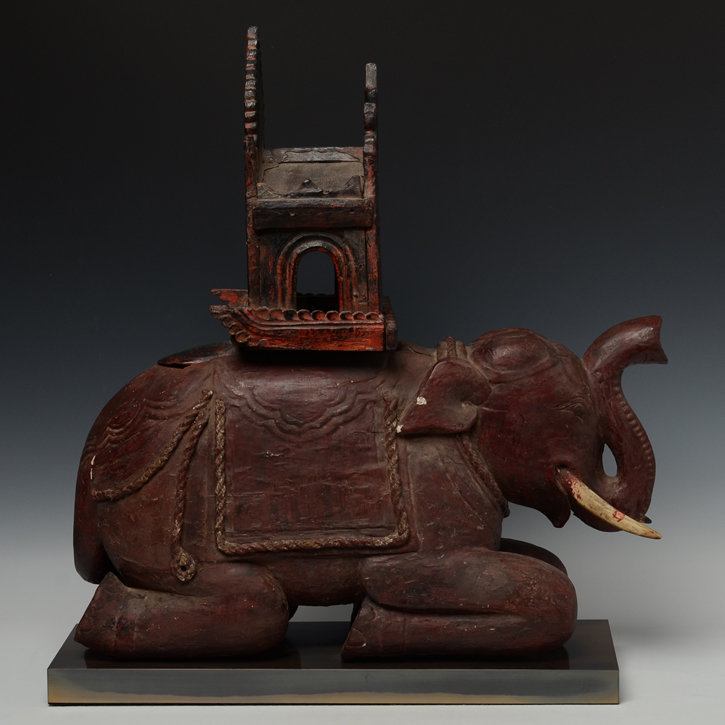 19th C., Burmese Wooden Elephant with The Chair on Top