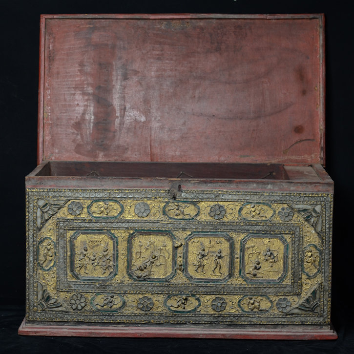 19th Century, Mandalay, Burmese Wooden Chest with Angels Design