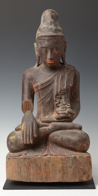 19th Century, Mandalay, Burmese Wooden Seated Buddha