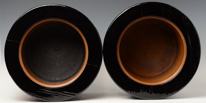 Early 20th C., A Pair of Japanese Keyaki Lacquered Hibachi Vessels