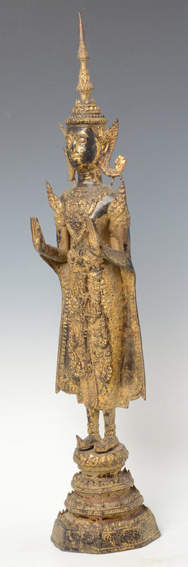 19th C., Rattanakosin, Thai Bronze Standing Crowned Buddha