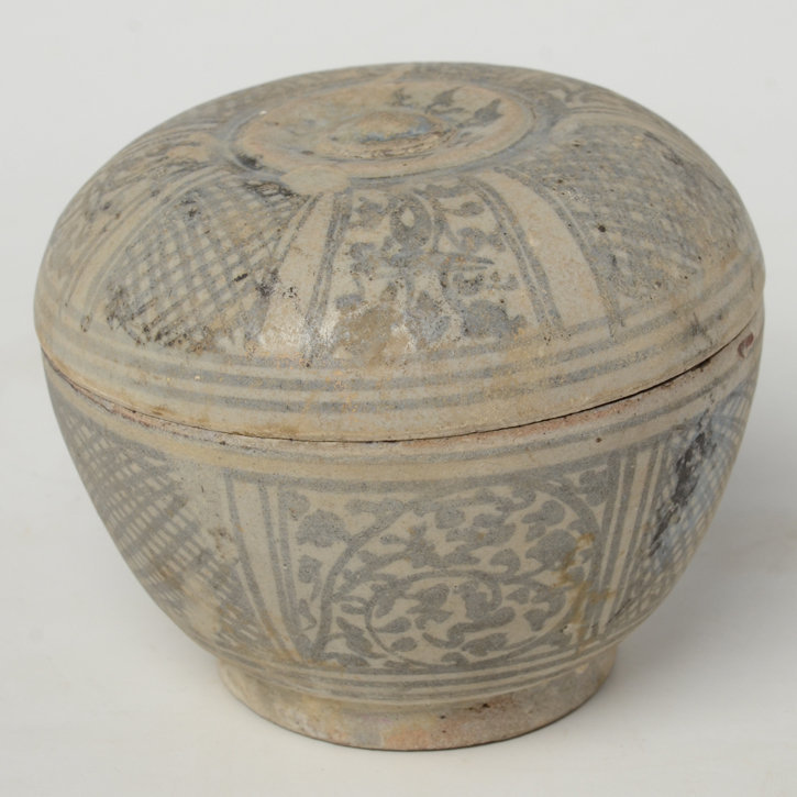 14th - 16th C., Sukhothai Stoneware Covered Bowl with Design
