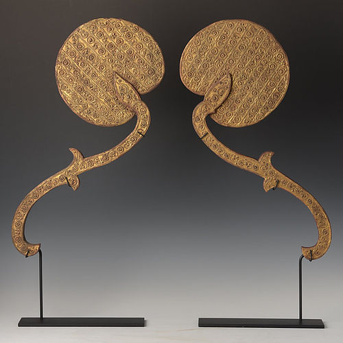 A Pair of Burmese Wooden Fans with Gilded Gold and Glass