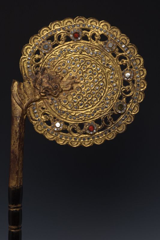 19th C., Mandalay, Burmese Wooden Fan with Gilded Gold and Glass