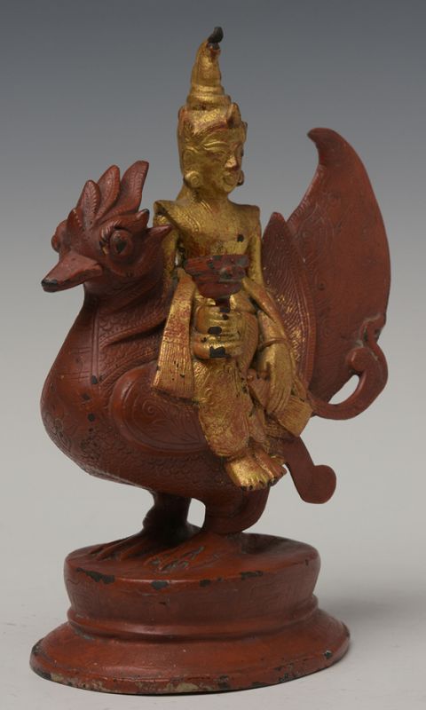 19th Century, Mandalay, Burmese Bronze Figure of Angel and Peacock