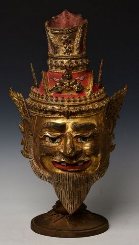 Thai Wooden Head of An Old Man with Gilded Gold and Glass