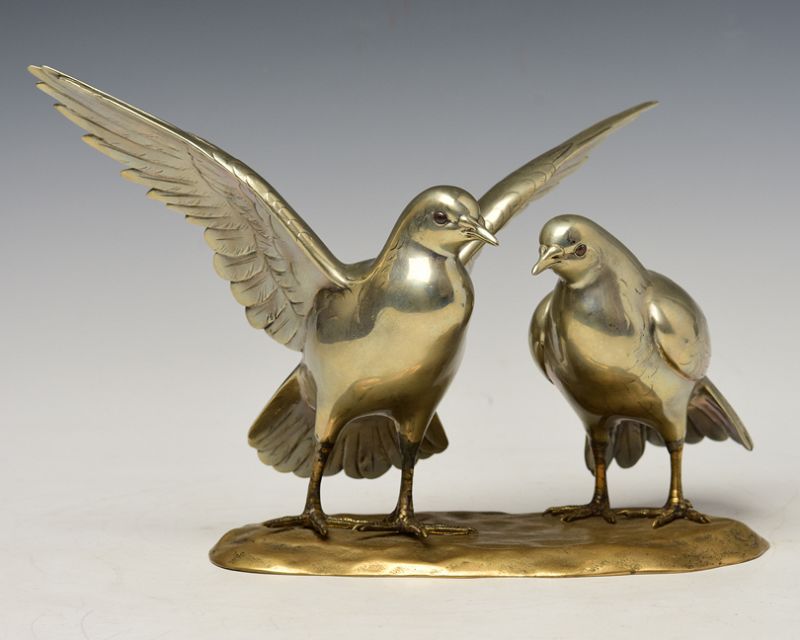 Early 20th C., Showa, A Pair of Rare Japanese Bronze Okimono Birds