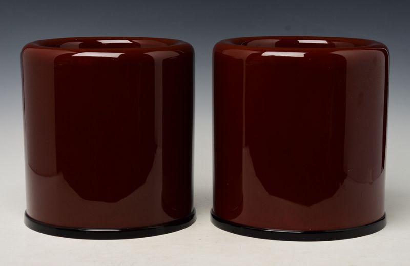 Mid-20th C., A Pair of Japanese Hibachi Vessels with Brown Lacquer