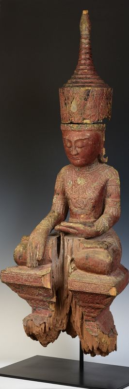 15th Century, Ava, Very Rare Burmese Wooden Seated Crowned Buddha
