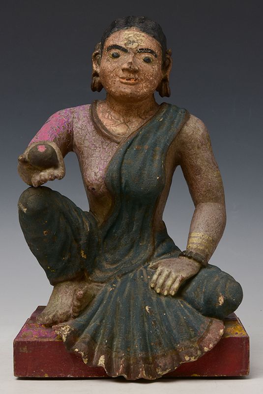 Early 19th Century, Early Mandalay, Burmese Wooden Seated Lady