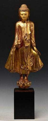 19th Century, Mandalay, Burmese Wooden Standing Buddha