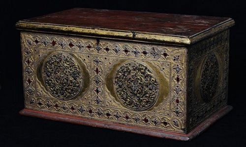 19th C., Mandalay, Burmese Wooden Chest with Gilded Gold and Glass
