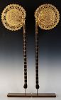 19th Century, A Pair of Burmese Wooden Fans with Gilded Gold and Glass