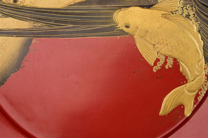 Mid-20th C., Showa, Large Japanese Wooden Tray with Carp Fish Design