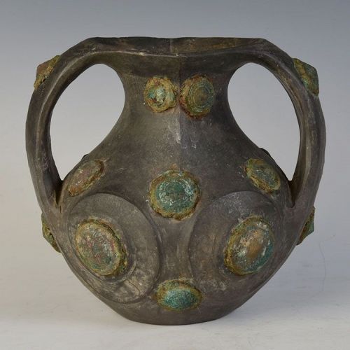 Han Dynasty, Rare Chinese Pottery Amphora with Bronze Ornament