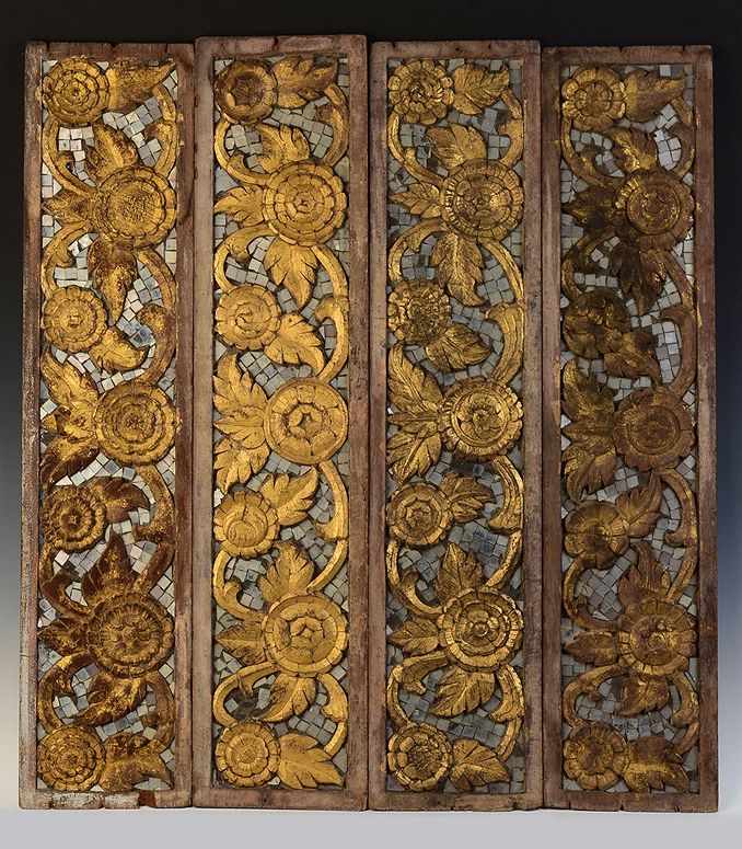 19th C., Rattanakosin, A Set of Thai Wood Carving Panels with Flower