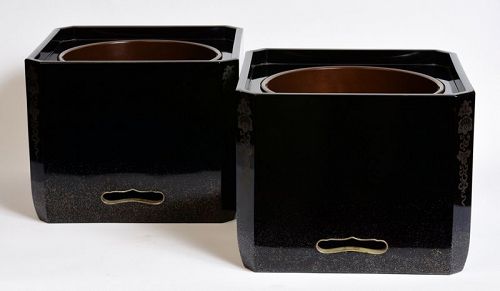 Mid-20th C., A Pair of Japanese Hibachi Vessels with Black Lacquer