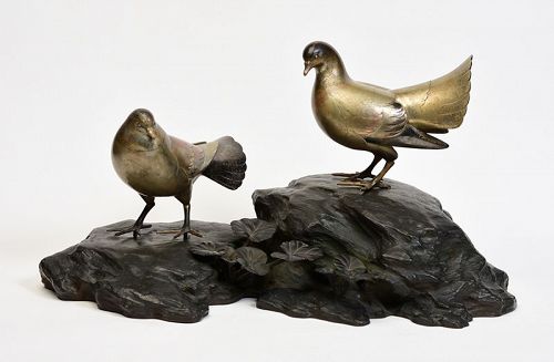 Early 20th C., Showa, A pair of Japanese Bronze Birds with Artist Sign