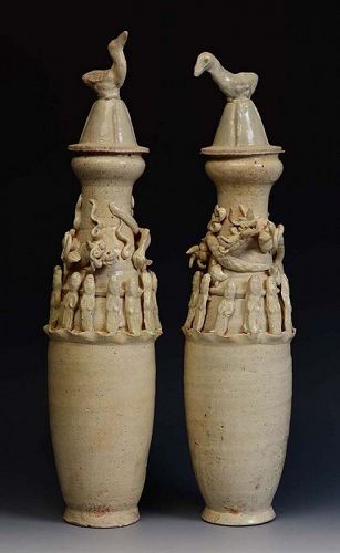 A Pair of Song Vases with Dragon and Gods Decoration