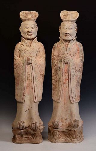 Tang Dynasty, A Pair of Large Chinese Pottery Standing Court Men