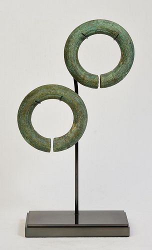 500 B.C., Dong Son, A Pair of Khmer Bronze Bangles with Stand