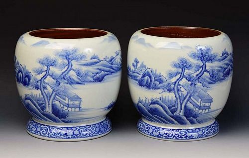 Early 20th C., A Pair of Japanese Porcelain Blue and White Hibachi