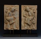 Song Dynasty, A Pair of Chinese Pottery Brick Tile with Drummers