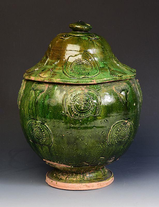 Yuan Dynasty, Chinese Green Glazed Pottery Covered Jar