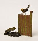 20th Century, Showa, Japanese Bronze Bird and Bamboo