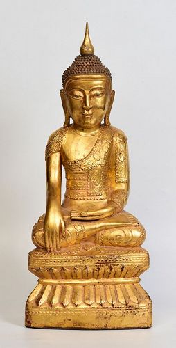 18th Century, Shan, Burmese Wooden Seated Buddha with Gilded Gold