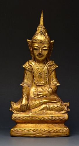 19th Century, Mandalay, Burmese Wooden Seated Crowned Buddha