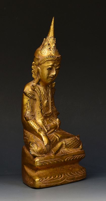 19th Century, Mandalay, Burmese Wooden Seated Crowned Buddha