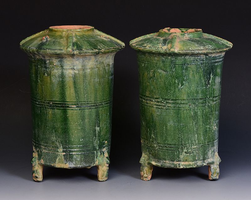 Han Dynasty, A Pair of Chinese Green Glazed Pottery Granary Jars