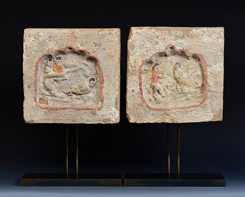 Song Dynasty, A Pair of Chinese Pottery Brick Tile with Figures