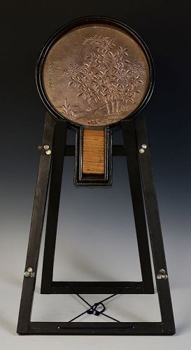 Early 20th Century, Showa, Japanese Bronze Mirror with Case and Stand