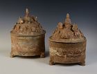 Han Dynasty, A Pair of Chinese Pottery Covered Box with Design on Top