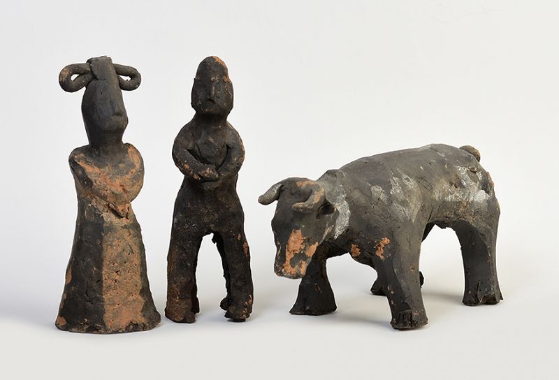 Jin Dynasty, A Set of Chinese Pottery Man, Woman and Buffalo